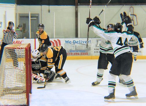 Jarred Colling (in behind) and Ryan Armstrong of the Ripley Wolves, earn assists on the first goal of the game against Milverton, Friday night at the Ripley Arena; photos by Liz Dadson